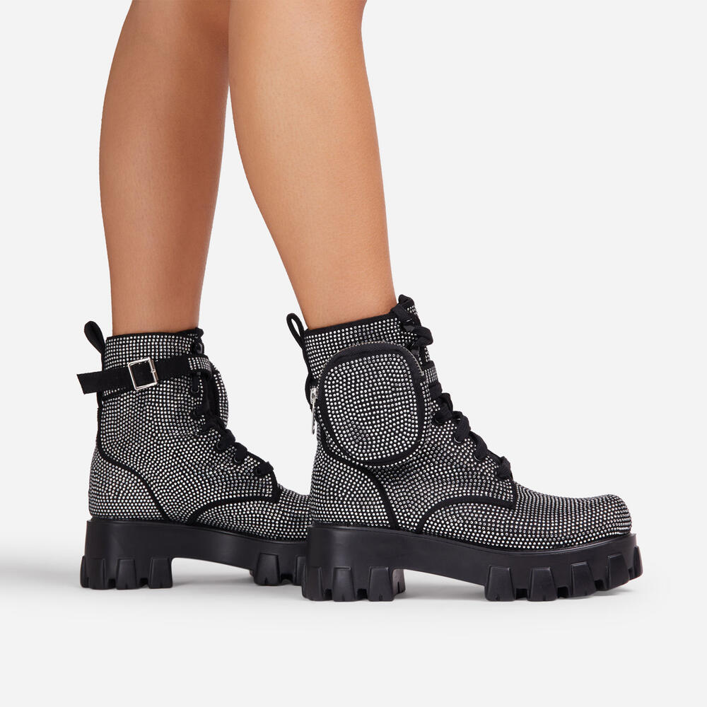 Iced Diamante Pocket Detail Lace Up Chunky Sole Ankle Biker Boot In Black Faux Leather
