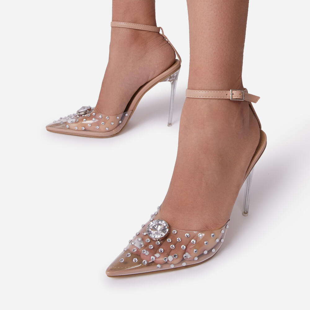 Star-Touch Diamante Detail Pointed Clear Perspex Heel In Nude Faux Leather