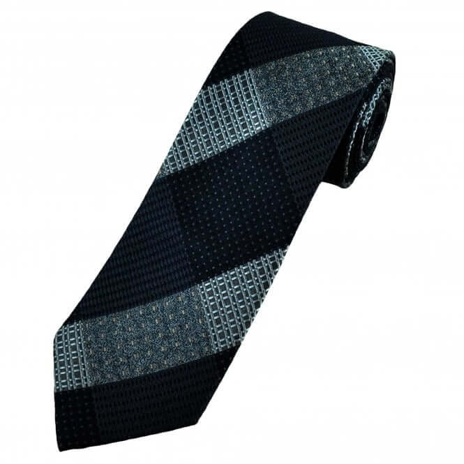 Navy, Light Blue &amp; Silver Patterned Checked Men&#039;s Silk Tie