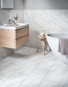 Calacatta Matt White Glazed Marble Effect Porcelain Wall &amp; Floor Tile - 600  x 300mm | Marble tile bathroom, White marble bathrooms, White marble tile  bathroom
