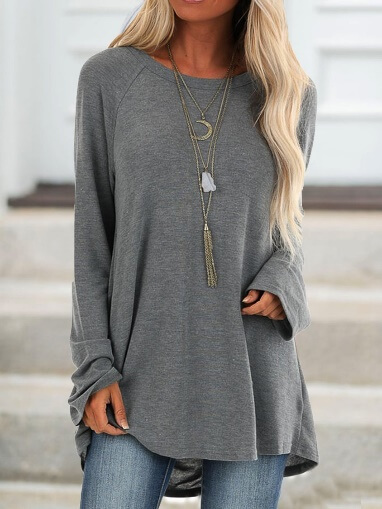 Casual Solid Crew Neck Long Sleeve Tunics