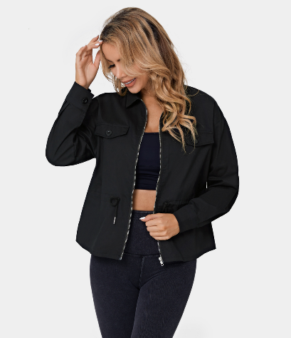 Collared Zipper Drawstring Plain Jacket