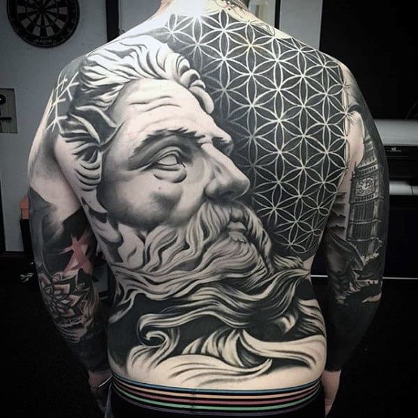 3d Greek God Profile Tattoo With Black Geometrical Designs Male Full Back