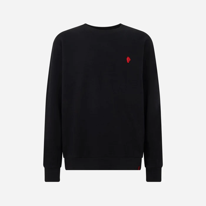 A black sweater with a red logo

Description automatically generated