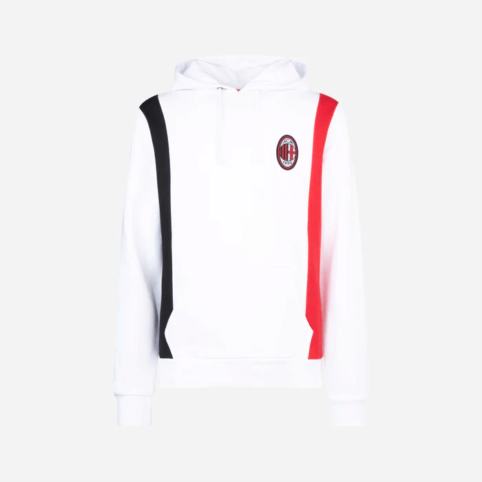 A white sweatshirt with a red and black logo

Description automatically generated