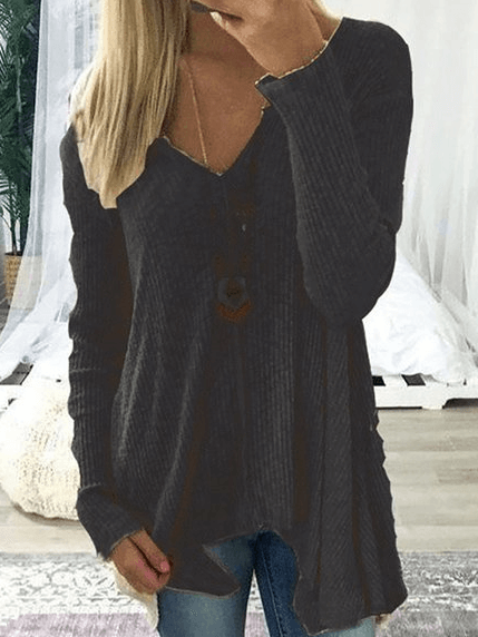 V neck Cotton Solid Casual Long Sleeve Tops