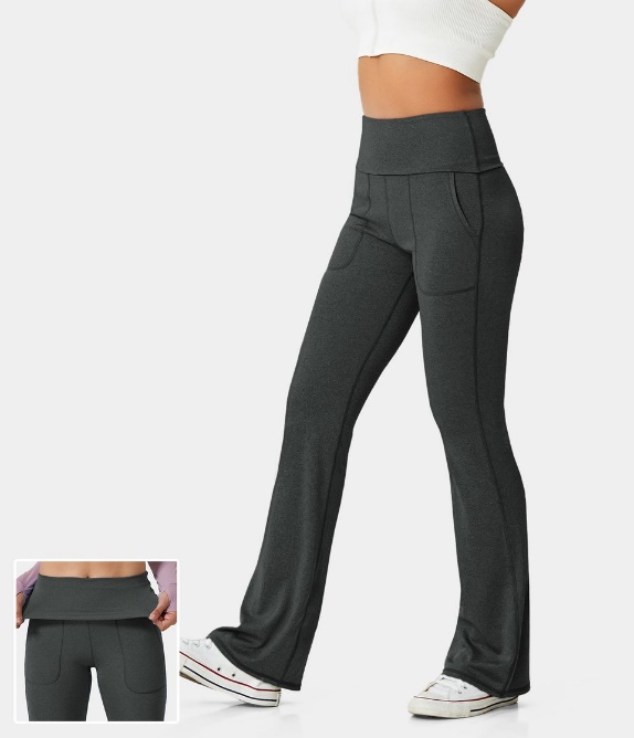 Super High Waisted Foldover Pocket Full Length Flare Leggings