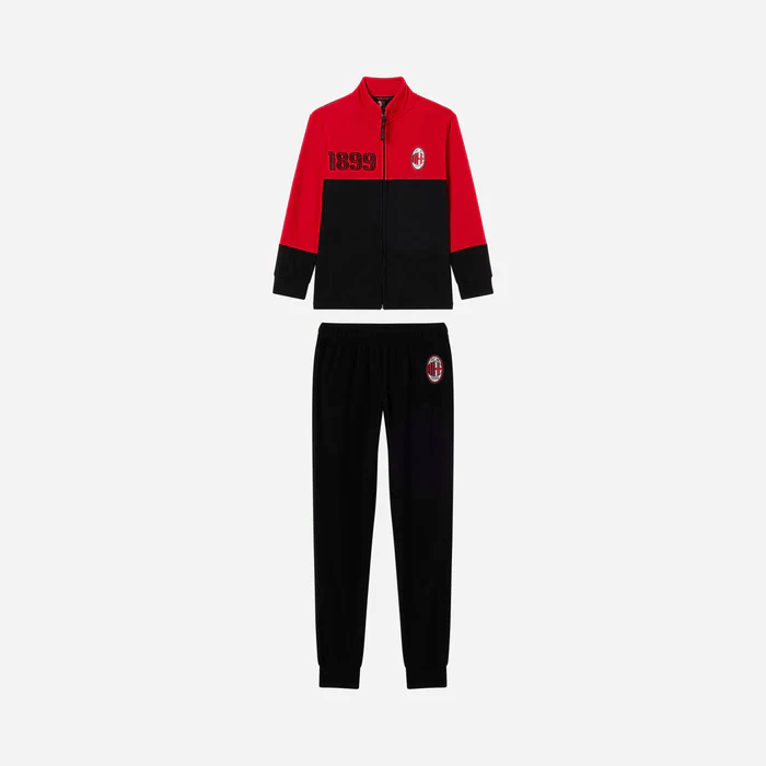 A red and black jacket and pants Description automatically generated
