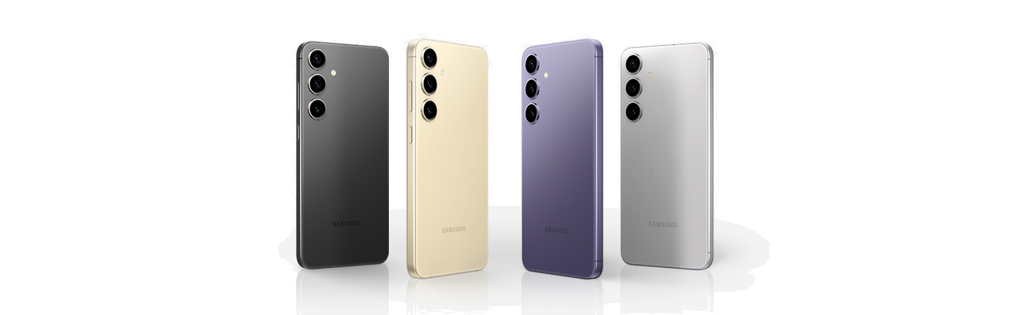 Six Galaxy S24 units. The units are angled in a V shape and divided into three groups. Both groups show one Galaxy S24 device facing forward and two facing back.