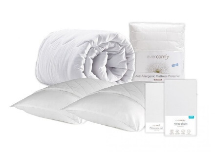 The Dormeo Evercomfy Cool & Save Bundle, including a Dormeo Anti-Allergenic Mattress Protector, a Dormeo Evercomfy 4.5 Tog Duvet, a Dormeo Evercomfy Pillow Case Pair and a Dormeo Evercomfy Fitted Sheet. 