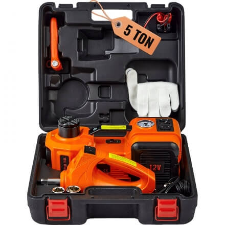 VEVOR 5 ton 12V electric floor jack in a black case with orange tools, gloves, and a gauge.