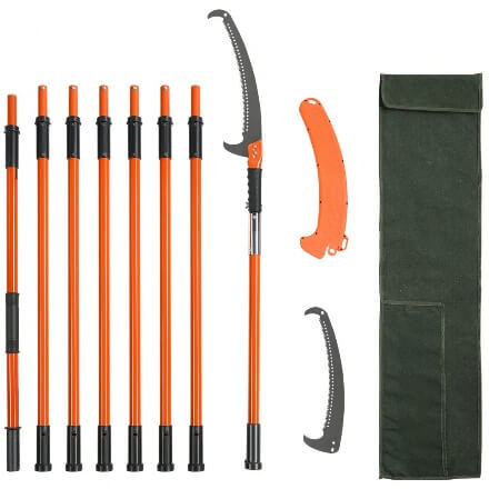 VEVOR manual pole saw with orange telescopic poles, saw blade, blade covers and green storage bag.
