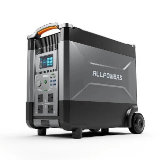 ALLPOWERS R4000 portable power station with LCD display, multiple outlets, and wheels in black and gray industrial design