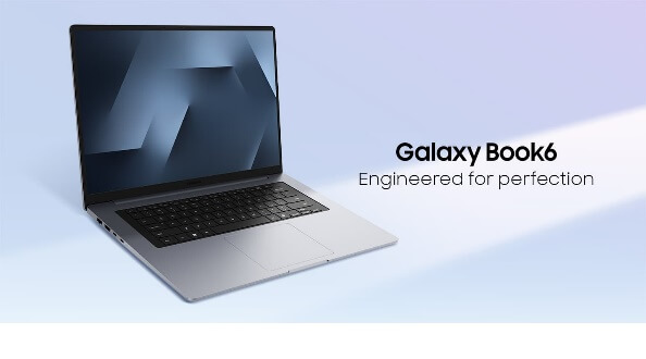 Galaxy Book6 è aperto con linee grafiche colorate visualizzate sullo schermo. Un raggio di luce brilla in diagonale da destra. Progettato per la perfezione.