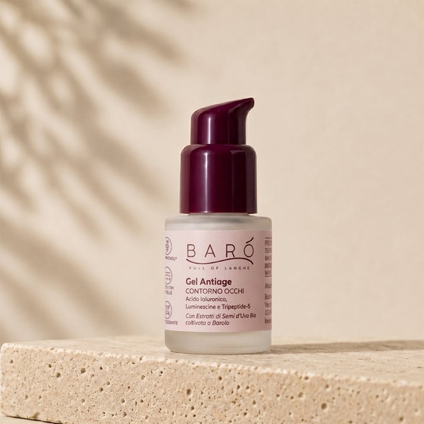 Baro Gel Antiage Contorno Occhi anti-ageing eye contour gel in a bottle with a burgundy pump