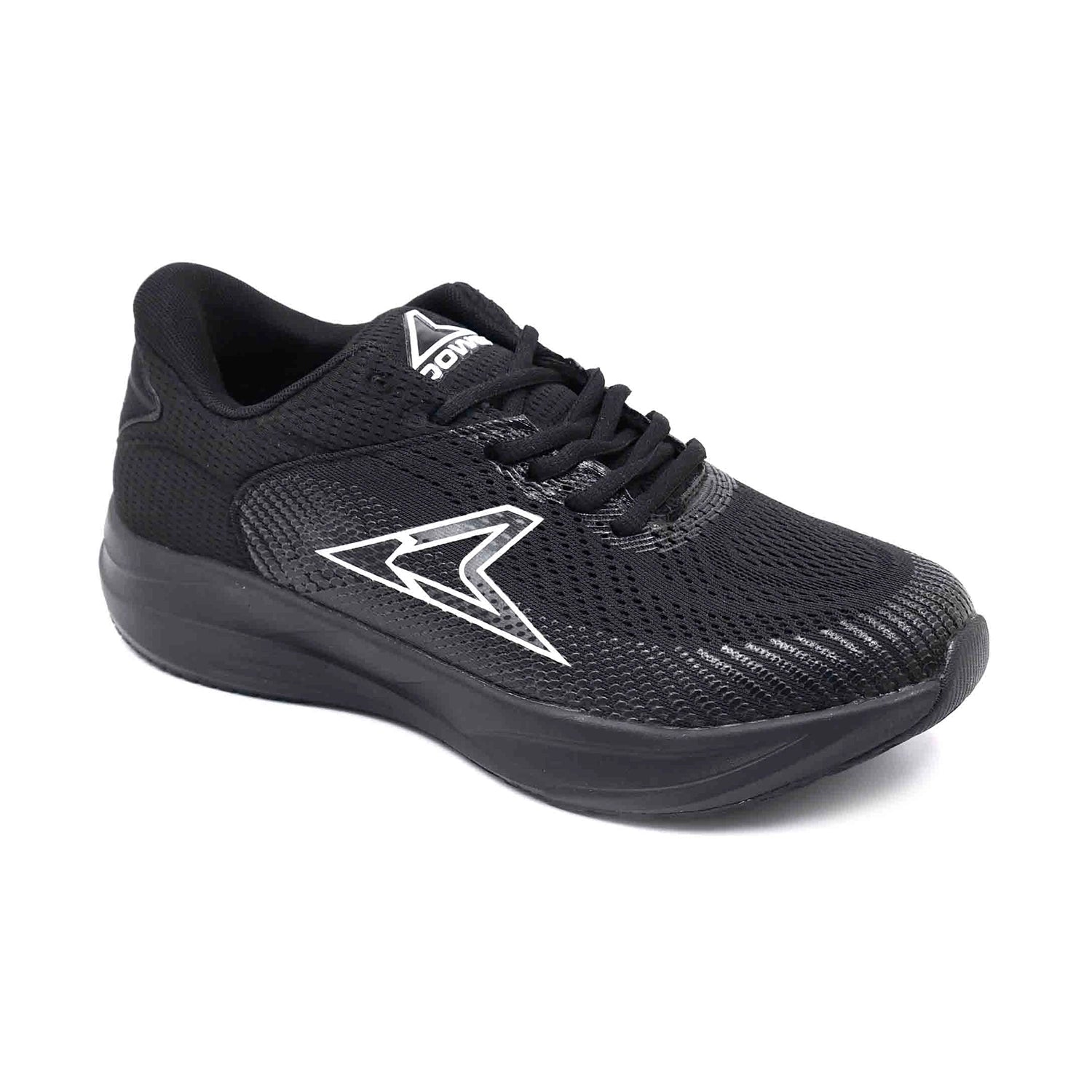 Black Power running shoe with a breathable knit mesh upper and a thick cushioned sole