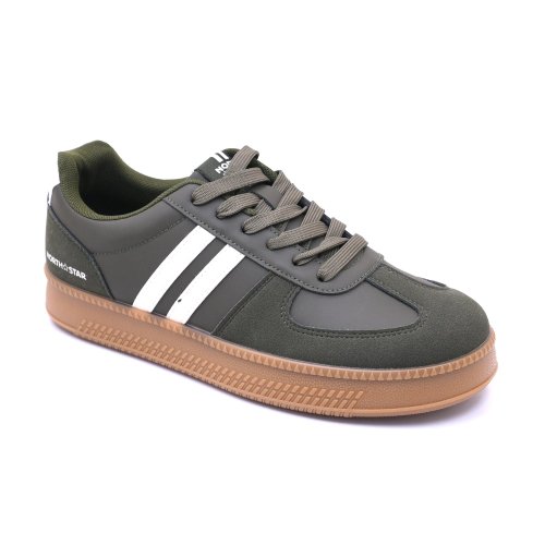 North Star lace-up sneaker in olive green with white side stripes and a gum rubber sole