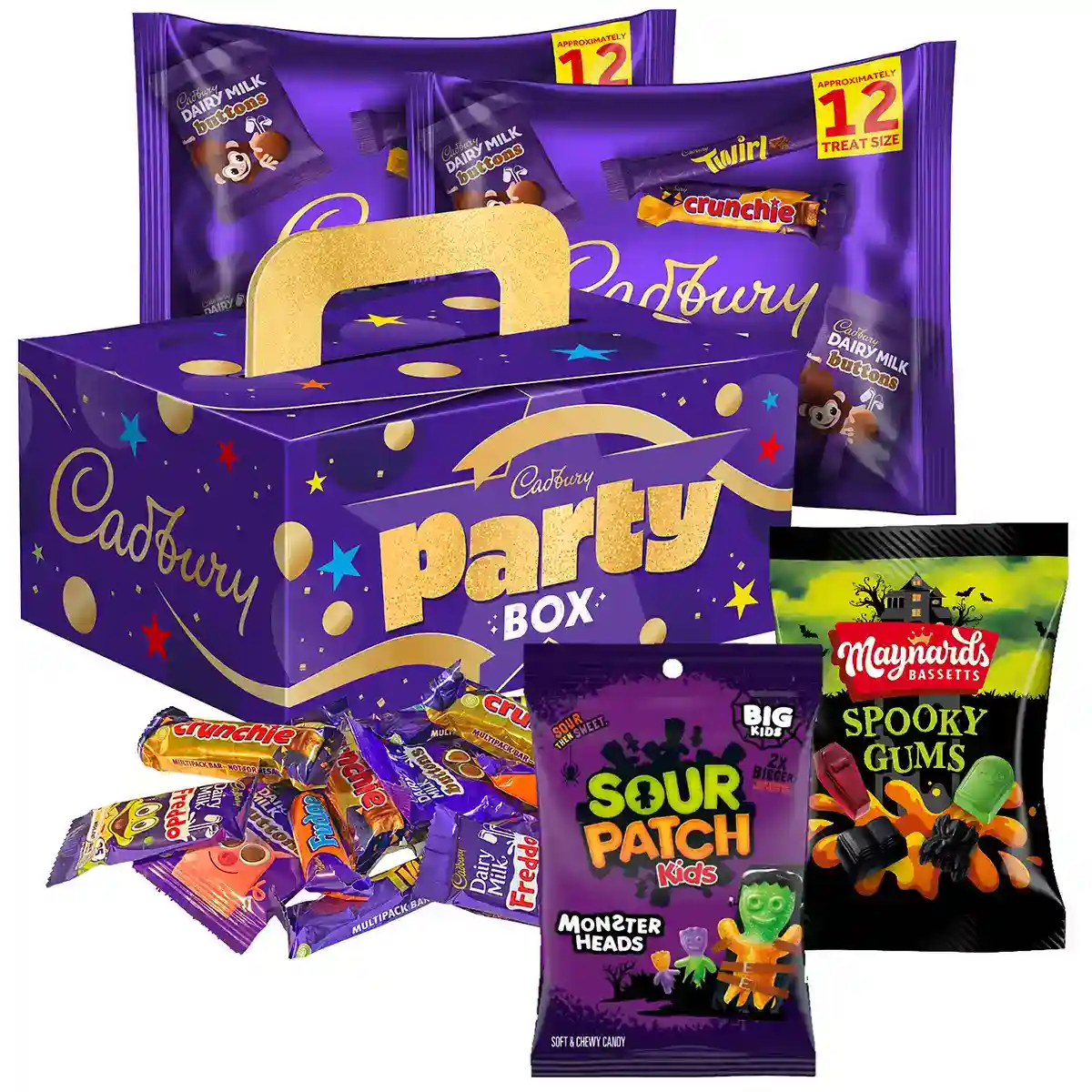 Cadbury Halloween Party Box with handles, filled with treat-size chocolate bars and sweet bags