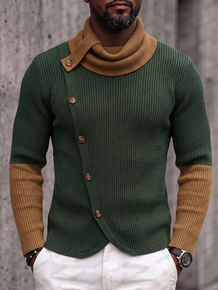 Man in a green roll-neck jumper with colour-blocked collar and cuffs