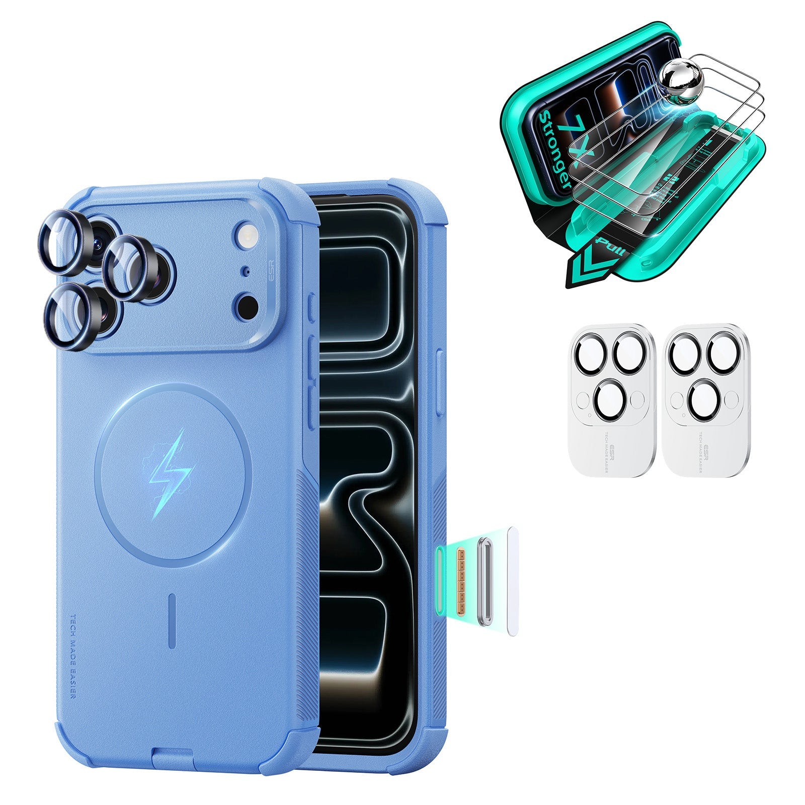 ESR Cyber Tough magnetic case in misty blue with screen protector and camera lens protectors for iPhone 18 Pro