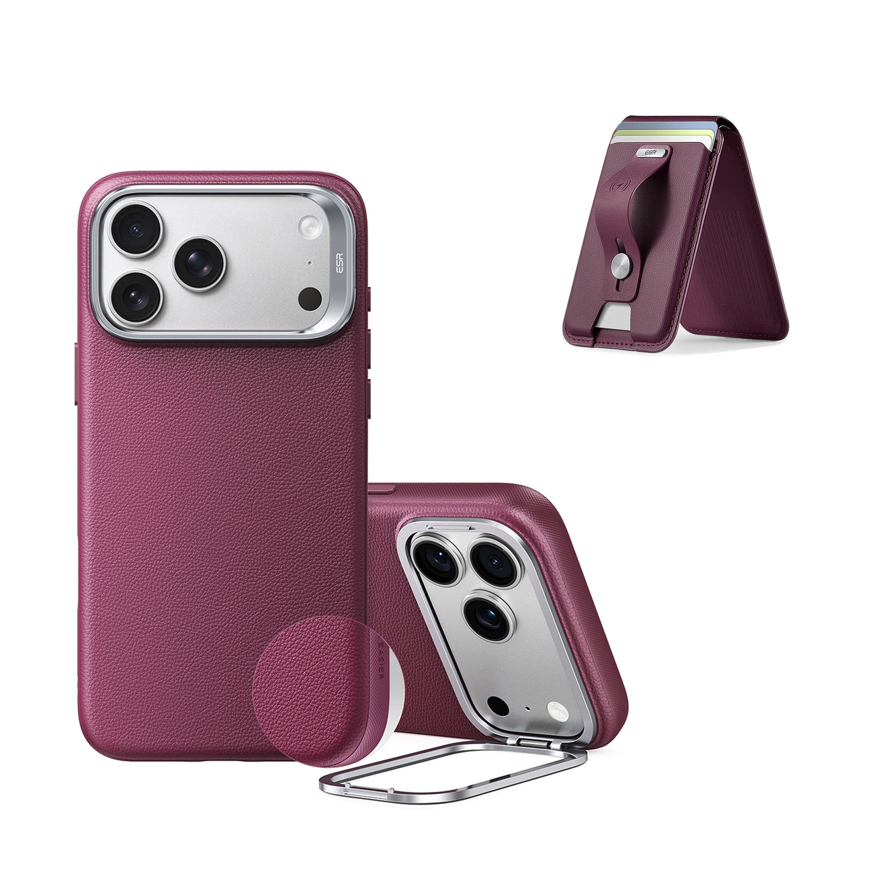 ESR Atelier silicone leather case in deep burgundy on an iPhone 18 Pro with flexible camera stand and magnetic wallet