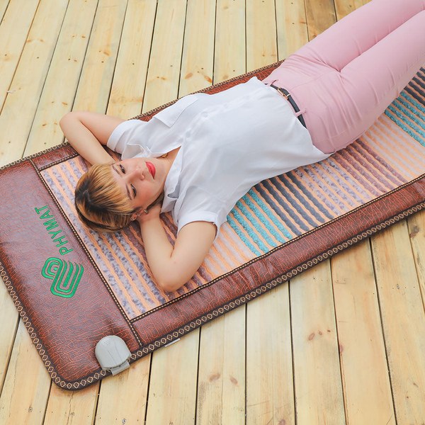 PHYMAT 5-Gems Infrared PEMF Mat Single with striped gemstone surface and brown trim