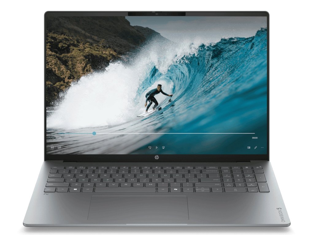 HP OmniBook 5 16-inch laptop in silver with a bright OLED display