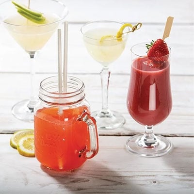 Summer cocktails and fruit drinks served in a range of glasses