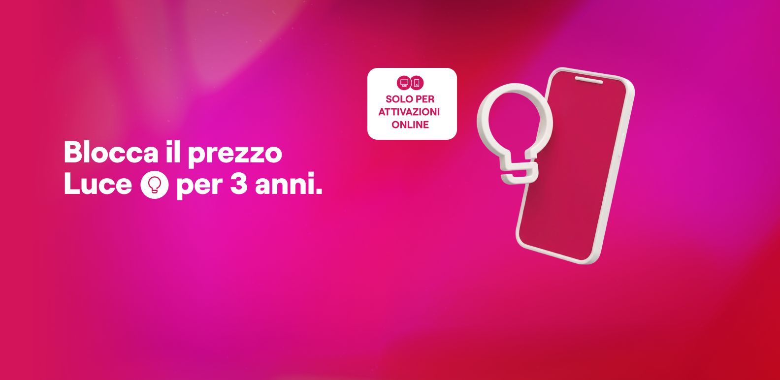 Enel Digital Luce banner on a pink background with a light bulb and smartphone, promoting a price locked for three years for online activations