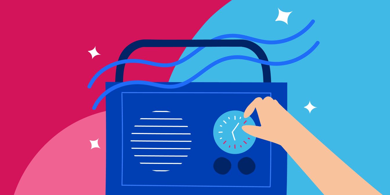 Illustration of a hand turning the dial of a blue radio on a pink and light blue background, from the Enel Happy Hours initiative