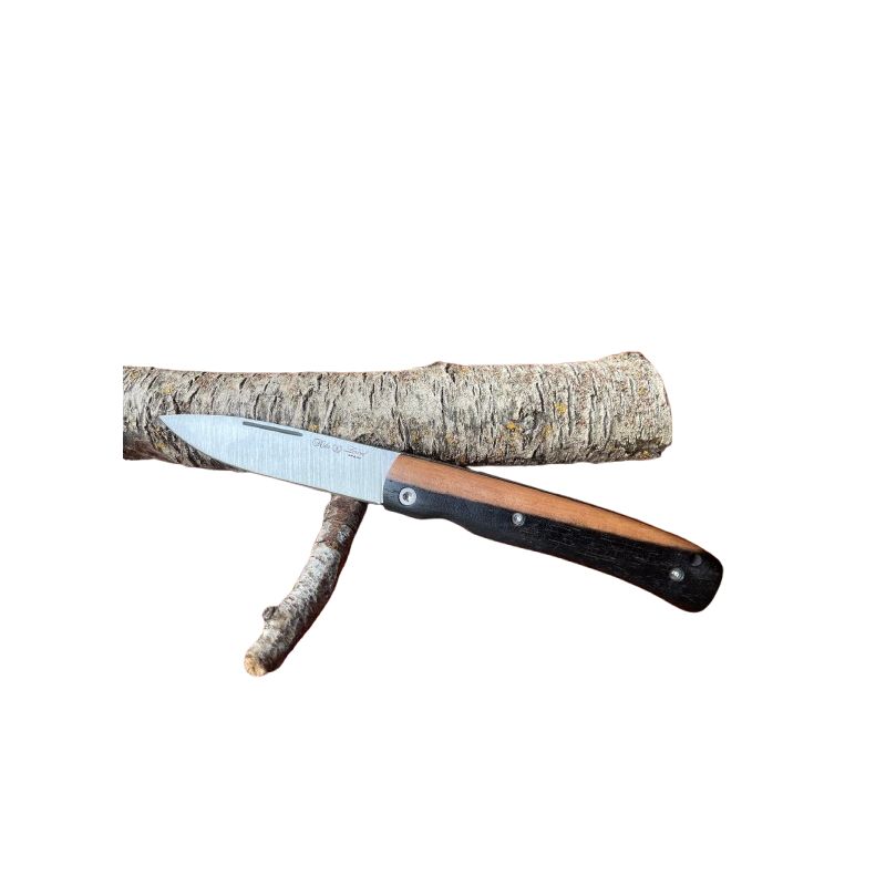 Nieto Lord folding knife with a dark ebony handle resting on a branch