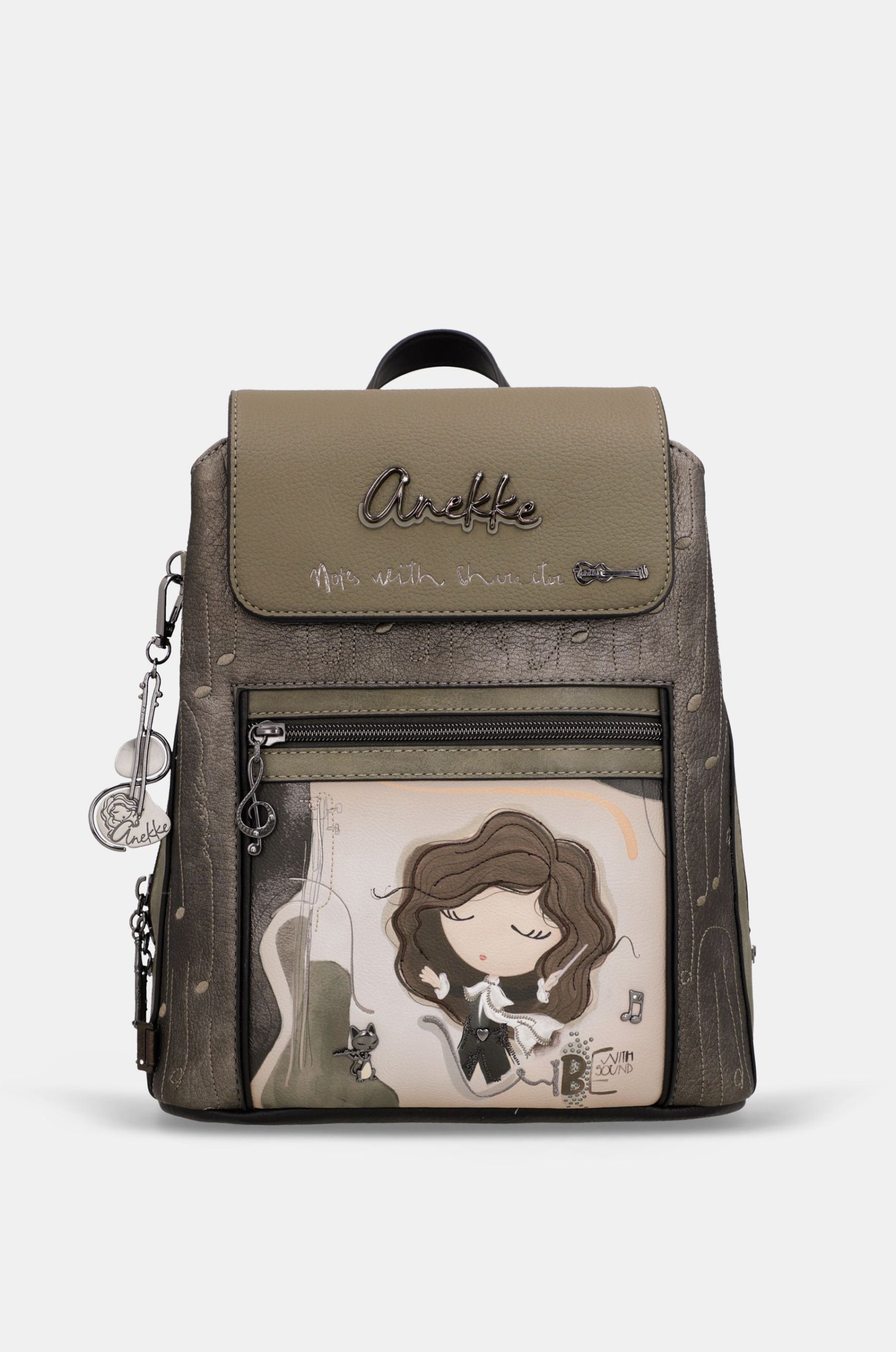 Anekke Orchestra flap backpack in khaki with an illustrated character