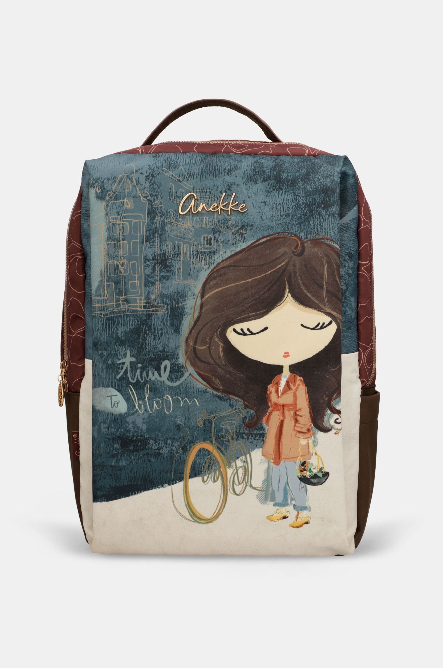 Anekke Tulip travel backpack with an illustrated girl and city design