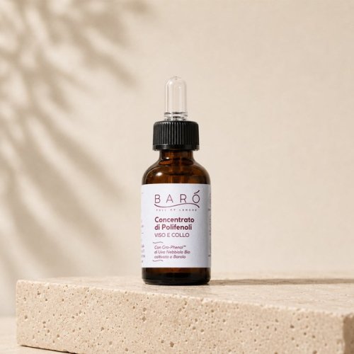 Baro Concentrato di Polifenoli face oil in an amber dropper bottle on a stone block