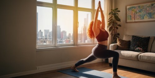 Woman practising a yoga pose in a bright living room with a city view