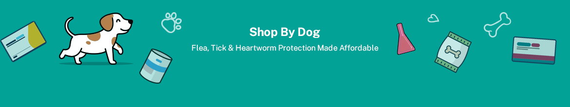 BudgetVetCare shop by dog banner showing a puppy and pet care products
