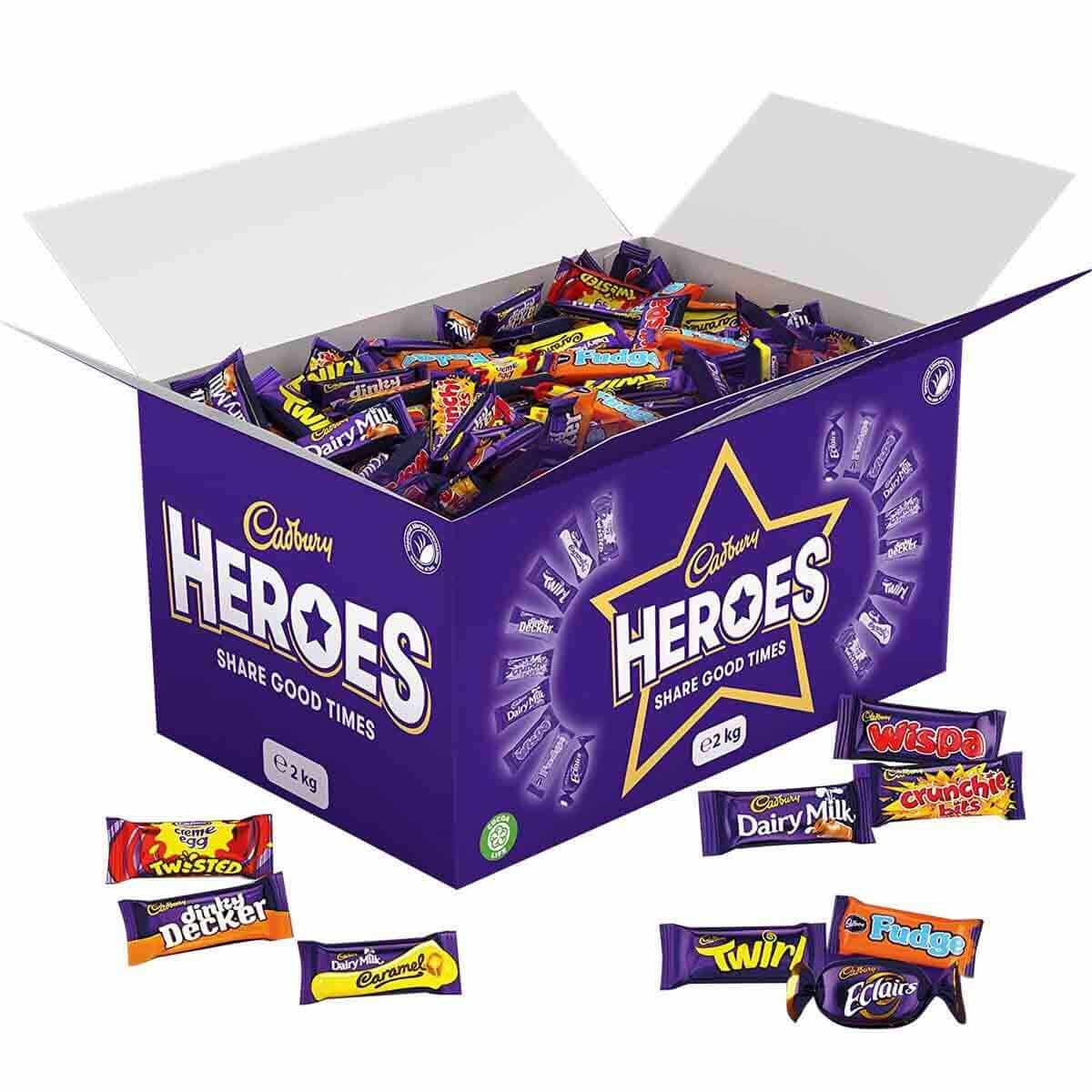 Open Cadbury Heroes 2kg bulk share box filled with individually wrapped mini chocolates