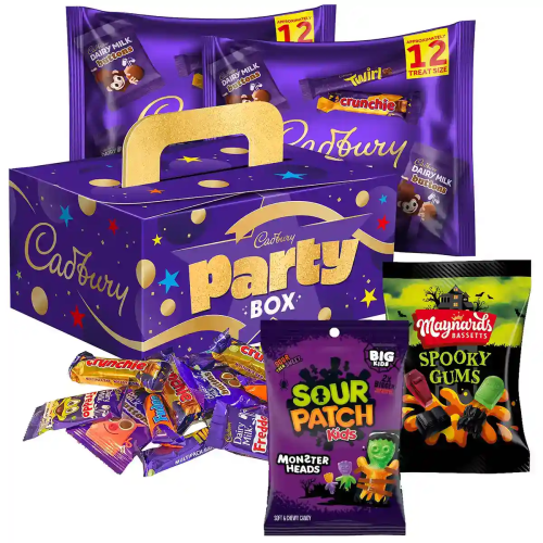 Cadbury Halloween Party Box with handles, filled with treat-size chocolate bars and sweet bags
