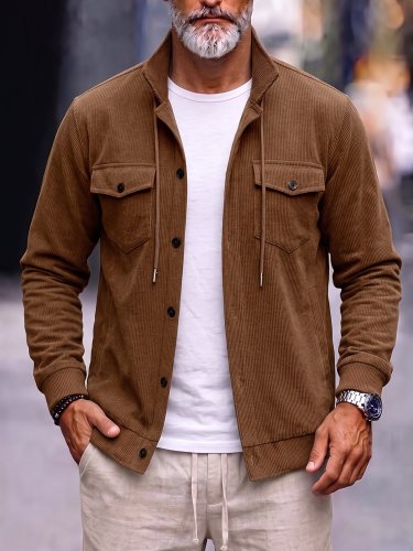 Man wearing a brown corduroy-look COOFANDY shirt jacket over a white T-shirt