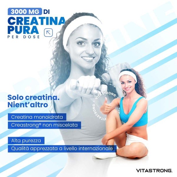 Vitastrong graphic showing 3000 mg of pure creatine per dose with two athletes
