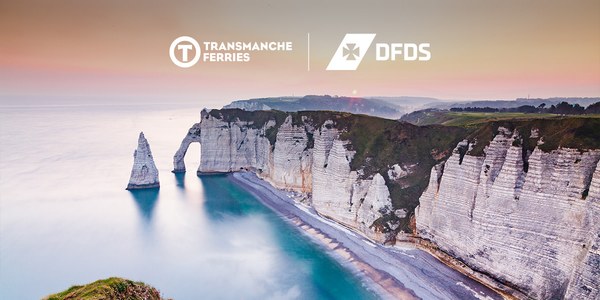 White chalk cliffs at Etretat in Normandy in a DFDS and Transmanche Ferries promotional image