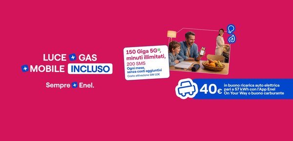 Enel Luce, Gas and Mobile banner with the 40 euro fuel or electric charging voucher