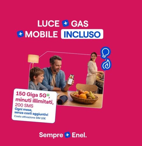 Enel Luce, Gas e Mobile Incluso banner showing a family at the kitchen table and the 150 Giga 5G offer