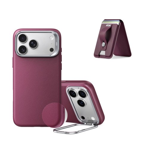 ESR Atelier silicone leather case in deep burgundy on an iPhone 18 Pro with flexible camera stand and magnetic wallet