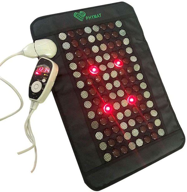PHYMAT Red Light Hot Stone Infrared Therapy Mat with glowing red lights and a hand controller