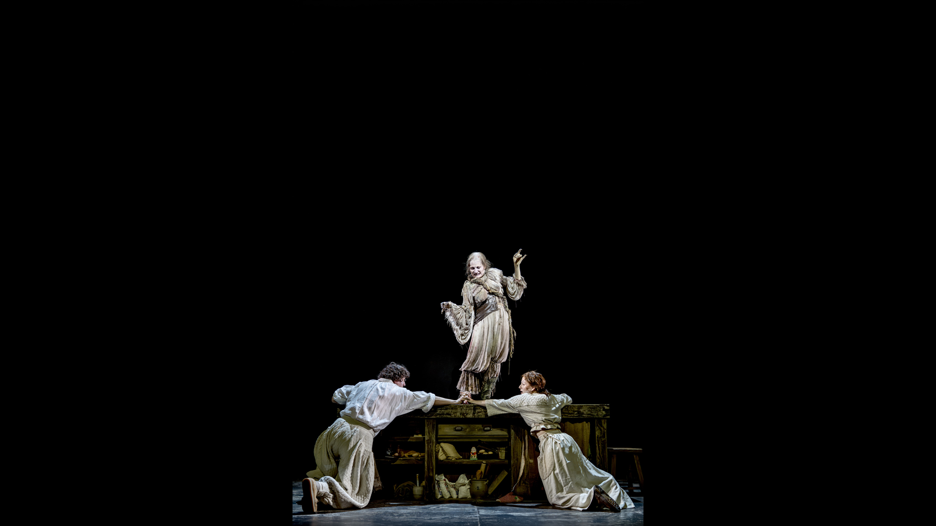 The Witch confronts the Baker and his wife in Into the Woods