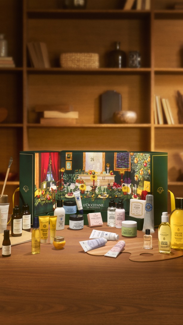 L'Occitane Classic Advent Calendar 2026 displayed with its 24 miniature products in front of a bookcase