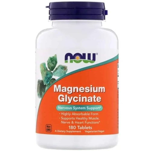 Bottle of NOW Foods Magnesium Glycinate tablets available at Mass-zone.eu