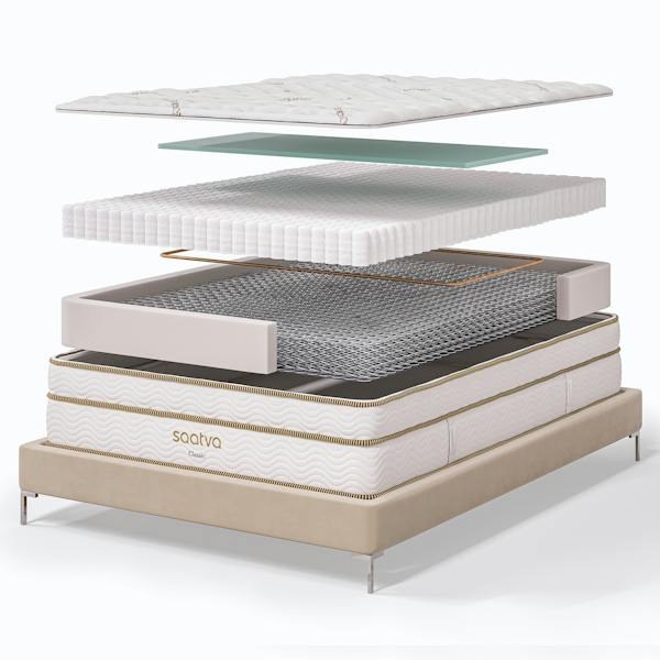 Exploded view of the Saatva Classic layers above its coil base and foundation
