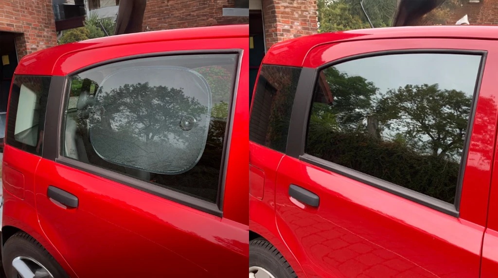 Red car rear side windows shown with and without Solarplexius sun protection